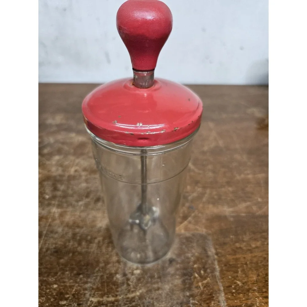 Vintage Hand Crank Glass Food Chopper Mixer Red Top Measuring Jar Kitchen